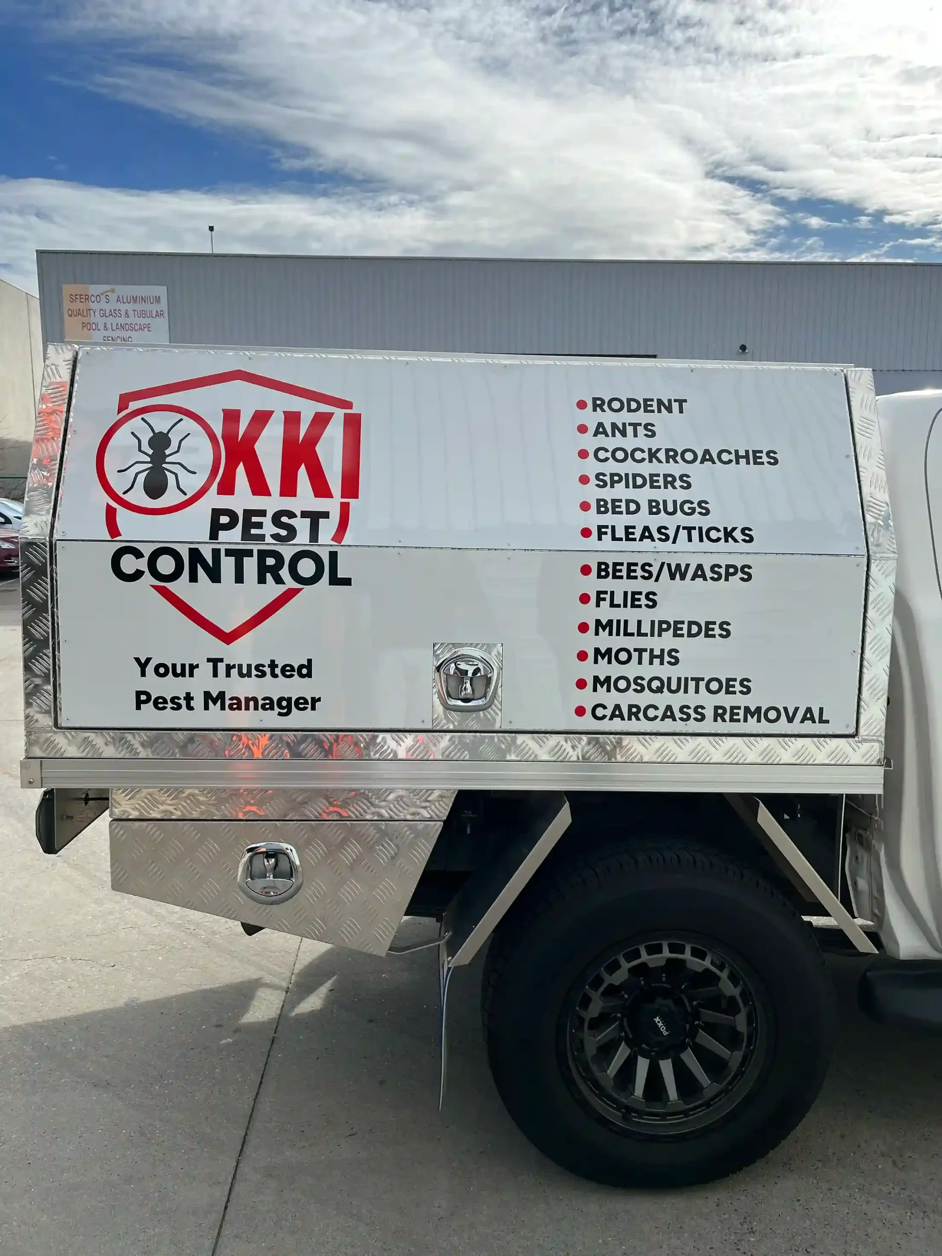 KKI Pest Control service vehicle listing the full range of services